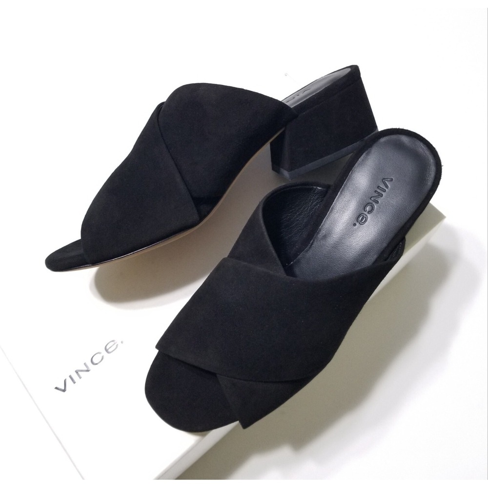Vince Karsen Suede Block Heel Slide Sandals Black Mule NIB Size 6 $275